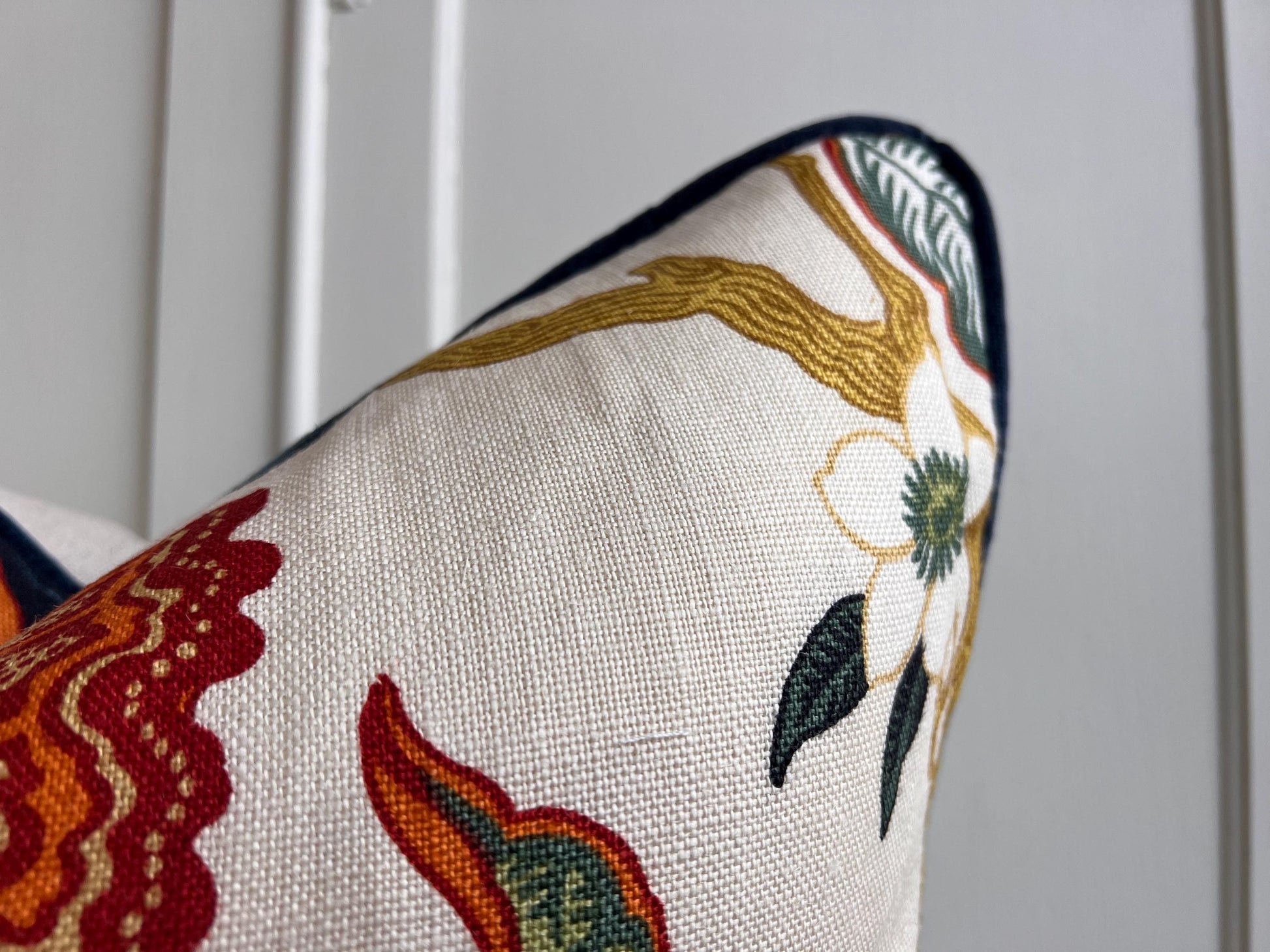 Schumacher Luxury Designer Hothouse Flowers Spark Orange Green Blue Cream Cushion Pillow Cover Navy Piping