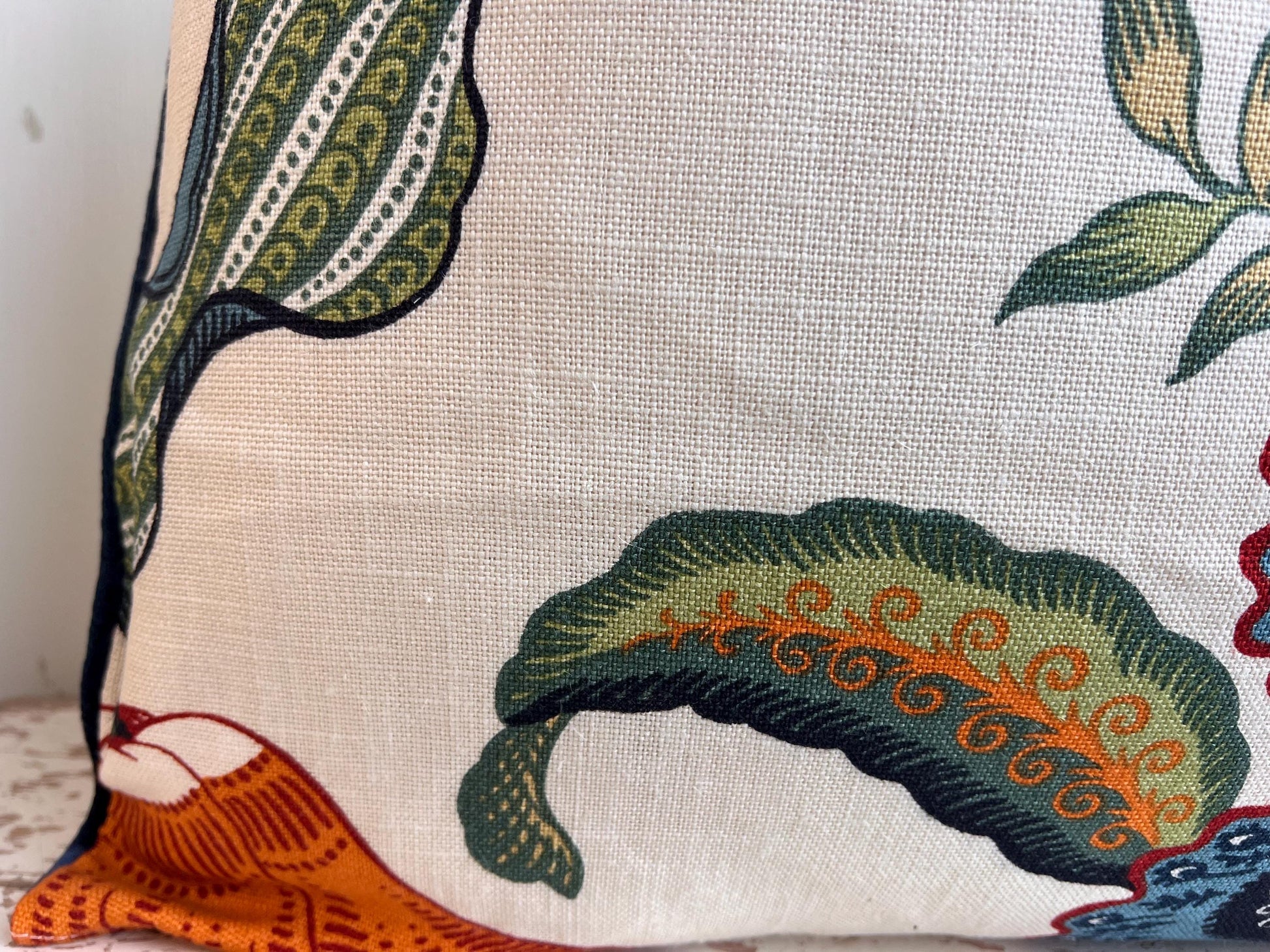 Schumacher Luxury Designer Hothouse Flowers Spark Orange Green Blue Cream Cushion Pillow Cover Navy Piping