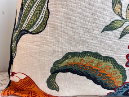Schumacher Luxury Designer Hothouse Flowers Spark Orange Green Blue Cream Cushion Pillow Cover Navy Piping