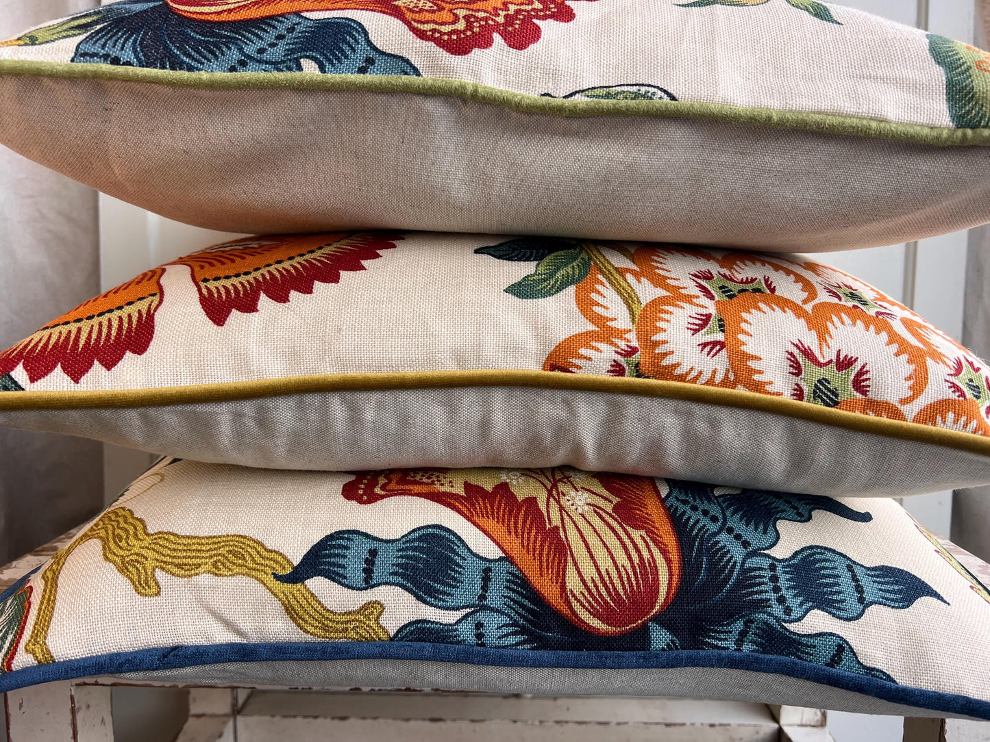 Schumacher Luxury Designer Hothouse Flowers Spark Orange Green Blue Cream Cushion Pillow Cover Navy Piping