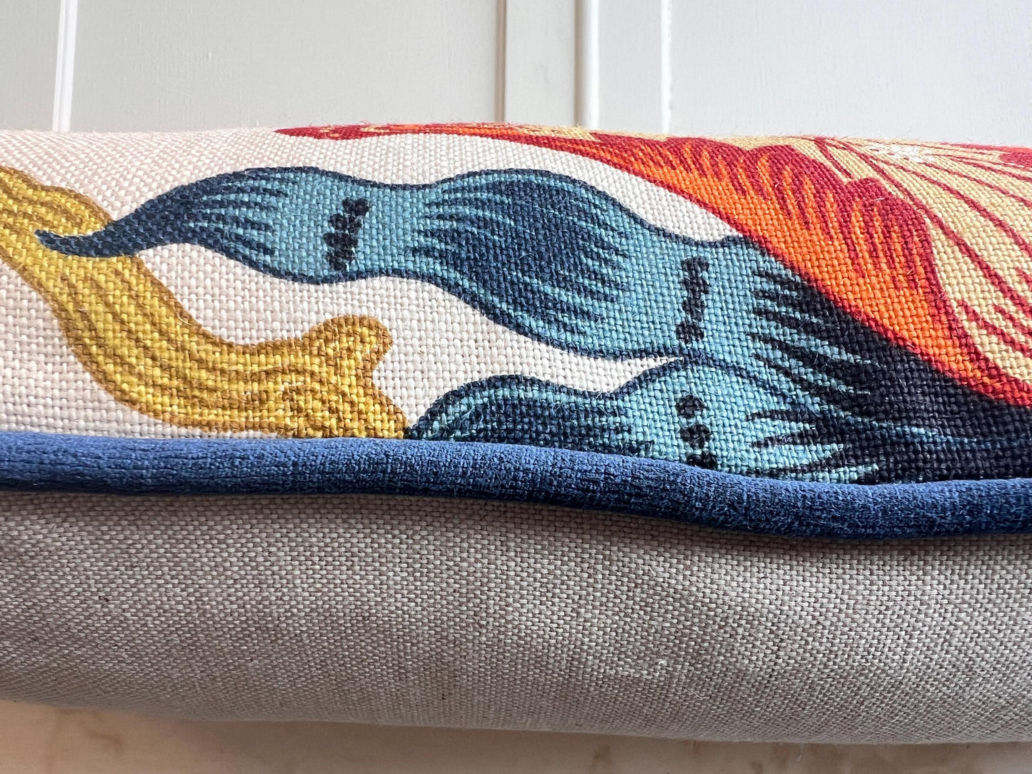 Schumacher Luxury Designer Hothouse Flowers Spark Orange Green Blue Cream Cushion Pillow Cover Navy Piping
