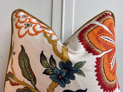 Schumacher Luxury Designer Hothouse Flowers Spark Orange Green Blue Cream Cushion Pillow Cover