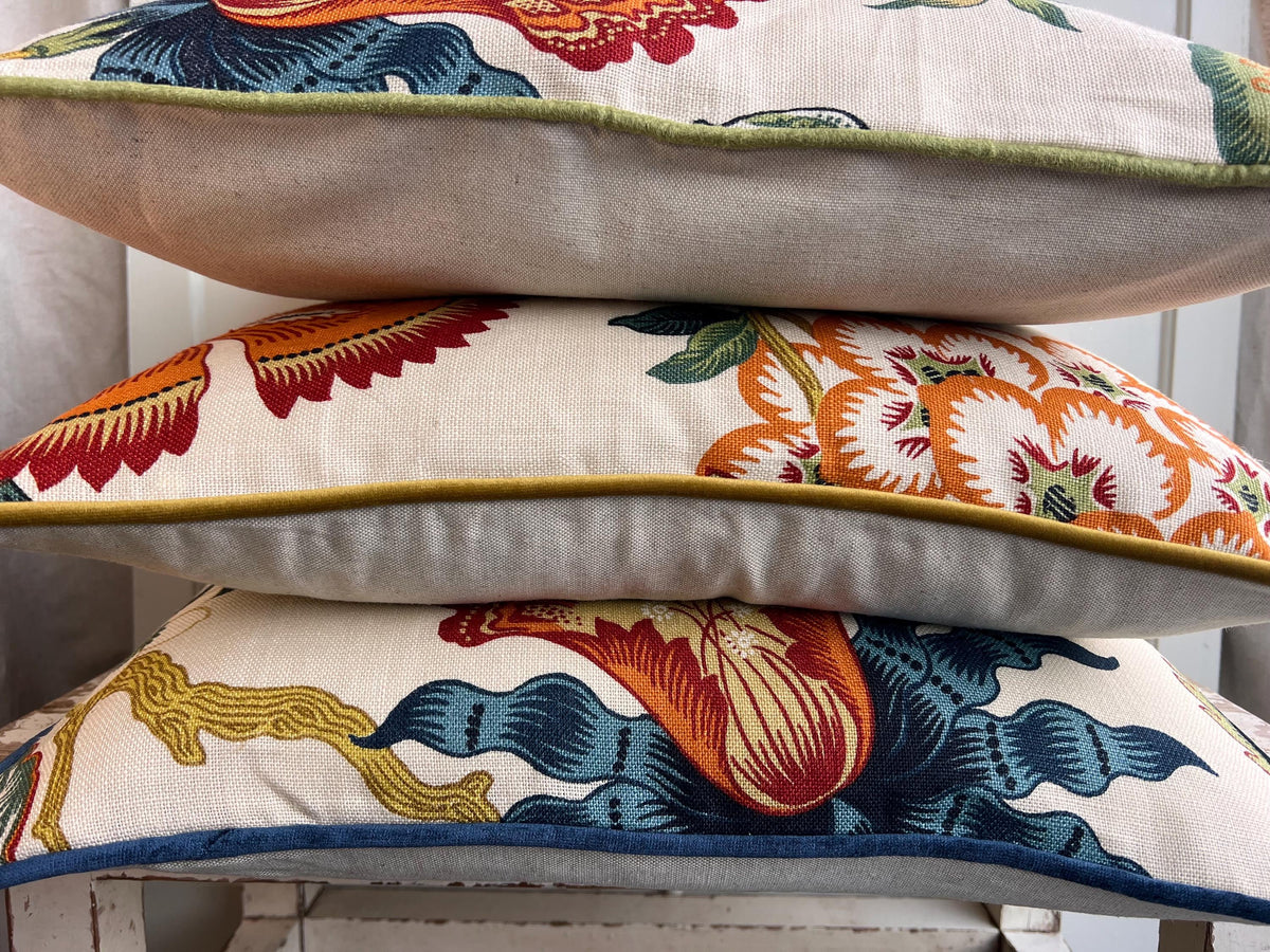 Schumacher Luxury Designer Hothouse Flowers Spark Orange Green Blue Cream Cushion Pillow Cover