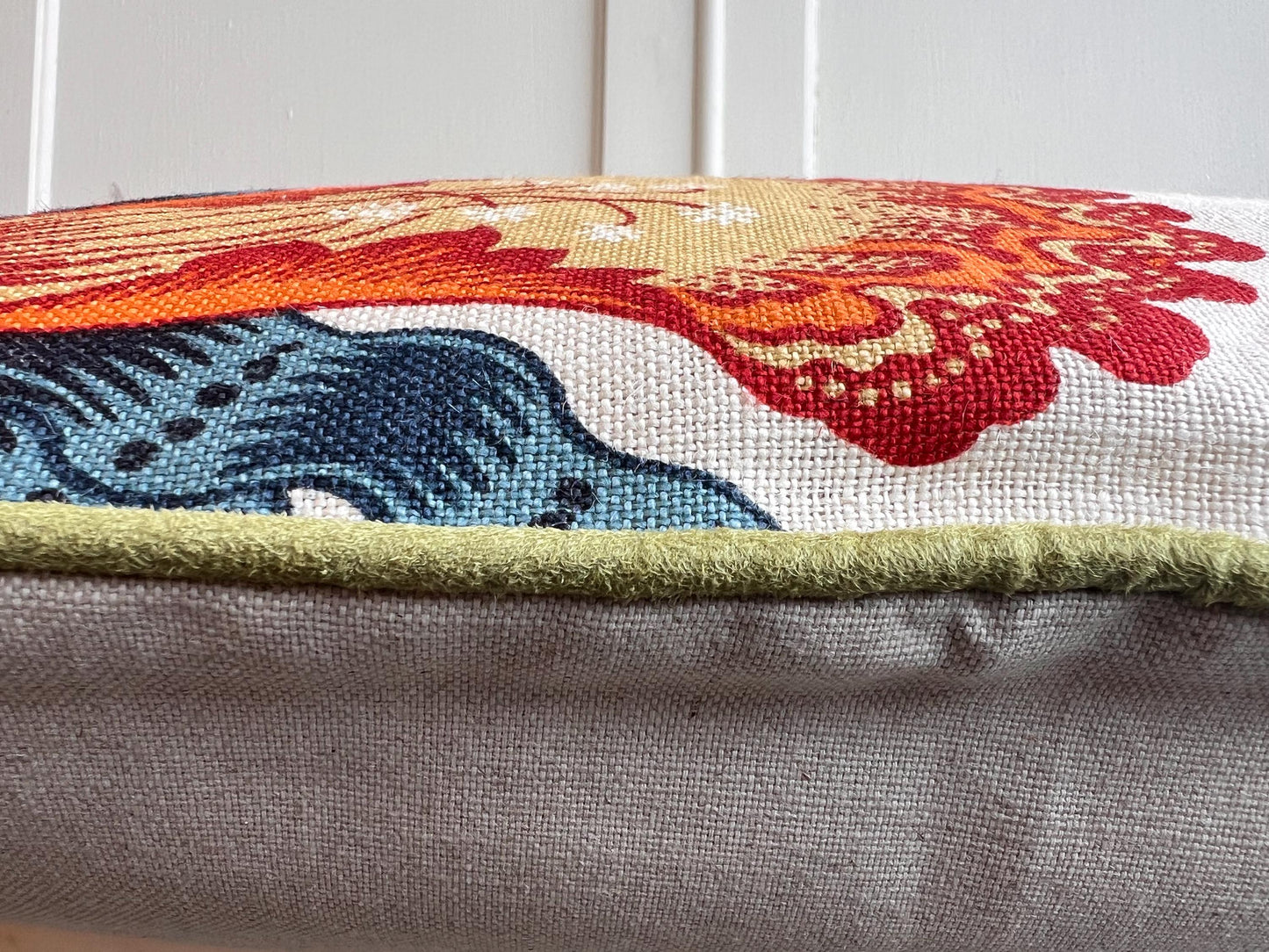 Schumacher Luxury Designer Hothouse Flowers Spark Orange Green Blue Cream Cushion Pillow Cover Green Piping