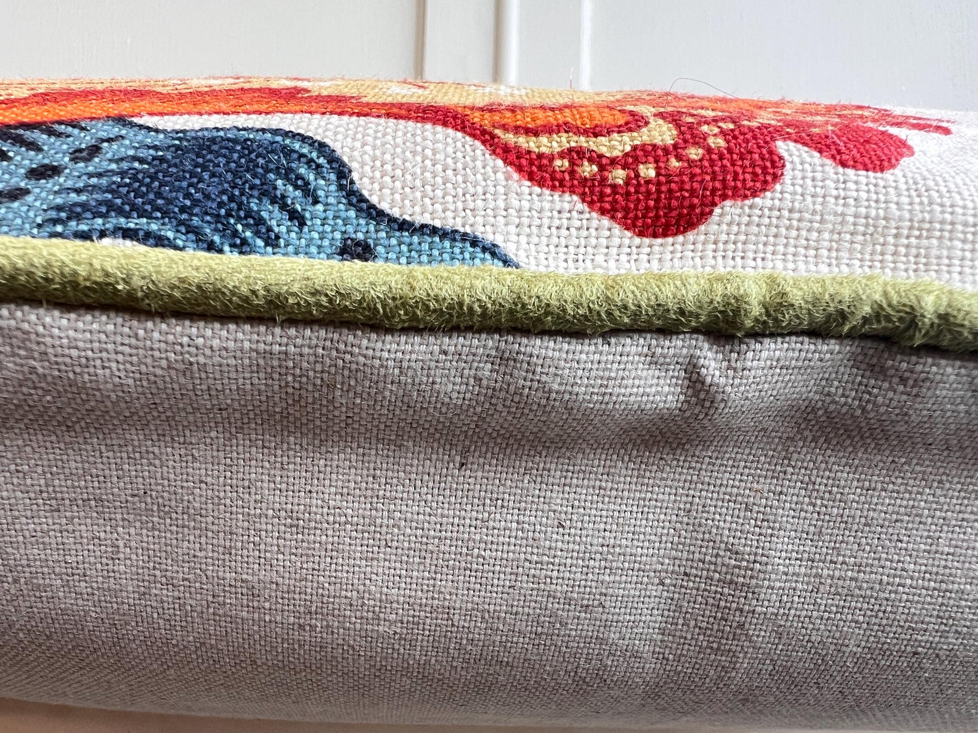 Schumacher Luxury Designer Hothouse Flowers Spark Orange Green Blue Cream Cushion Pillow Cover Green Piping
