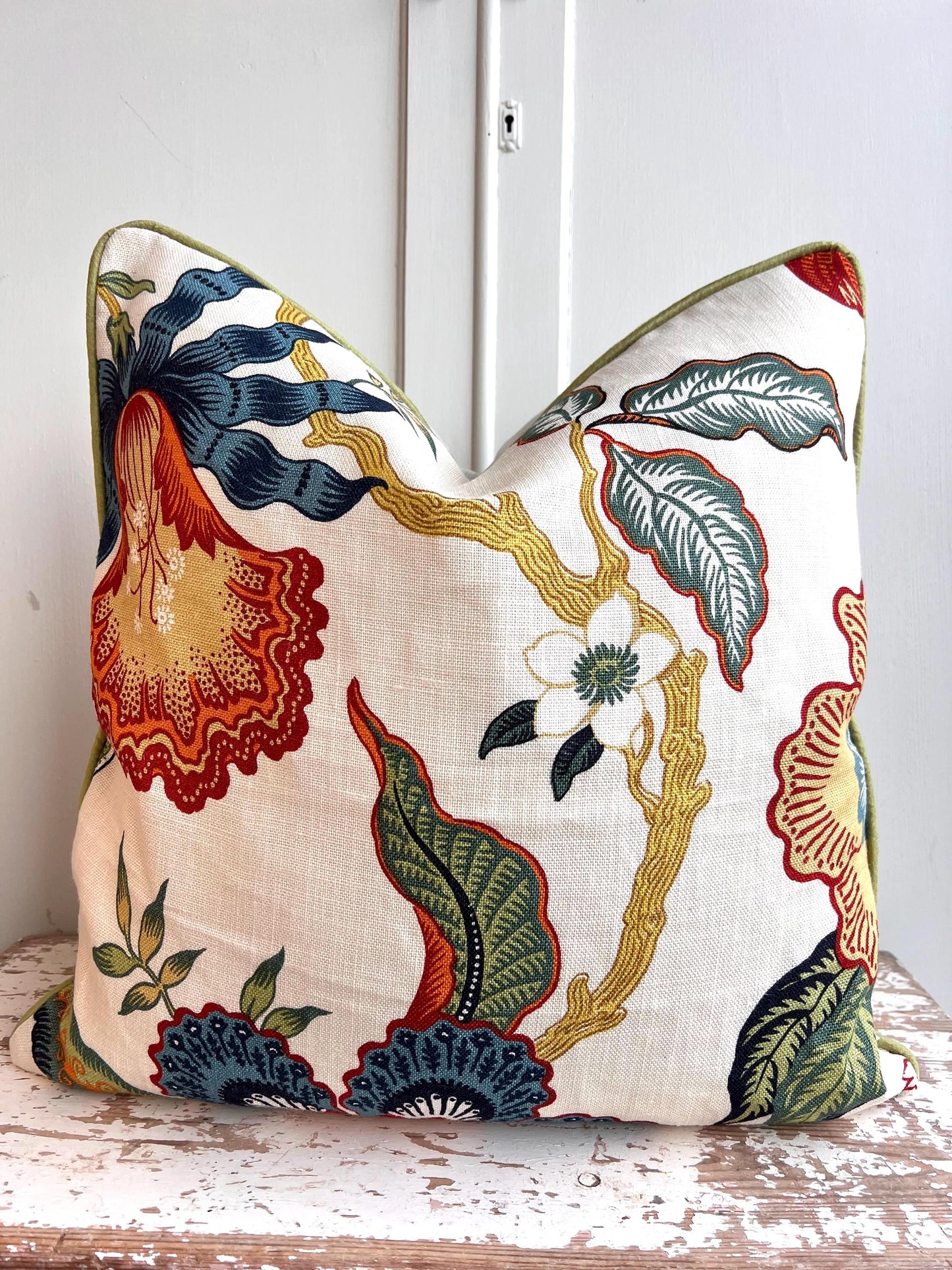 Schumacher Luxury Designer Hothouse Flowers Spark Orange Green Blue Cream Cushion Pillow Cover Green Piping