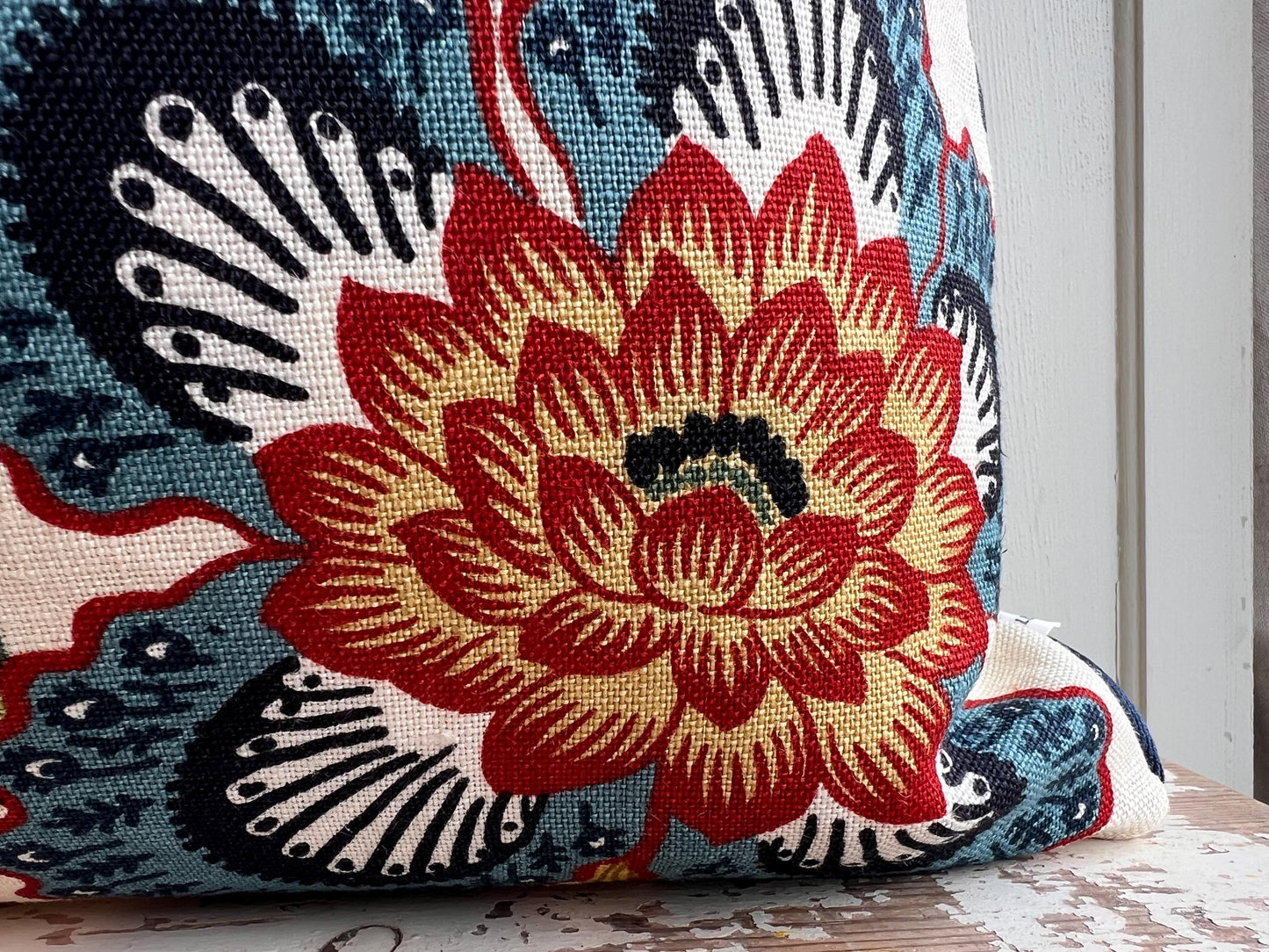 Schumacher Luxury Designer Hothouse Flowers Spark Orange Green Blue Cream Cushion Pillow Cover Navy Piping