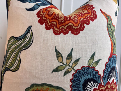 Schumacher Luxury Designer Hothouse Flowers Spark Orange Green Blue Cream Cushion Pillow Cover Navy Piping