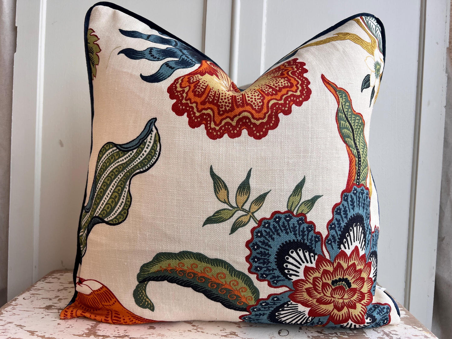 Schumacher Luxury Designer Hothouse Flowers Spark Orange Green Blue Cream Cushion Pillow Cover Navy Piping