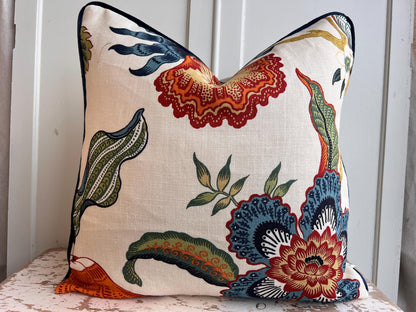 Schumacher Luxury Designer Hothouse Flowers Spark Orange Green Blue Cream Cushion Pillow Cover Navy Piping