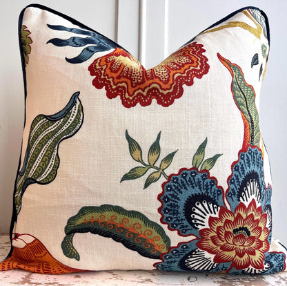 Schumacher Luxury Designer Hothouse Flowers Spark Orange Green Blue Cream Cushion Pillow Cover Navy Piping