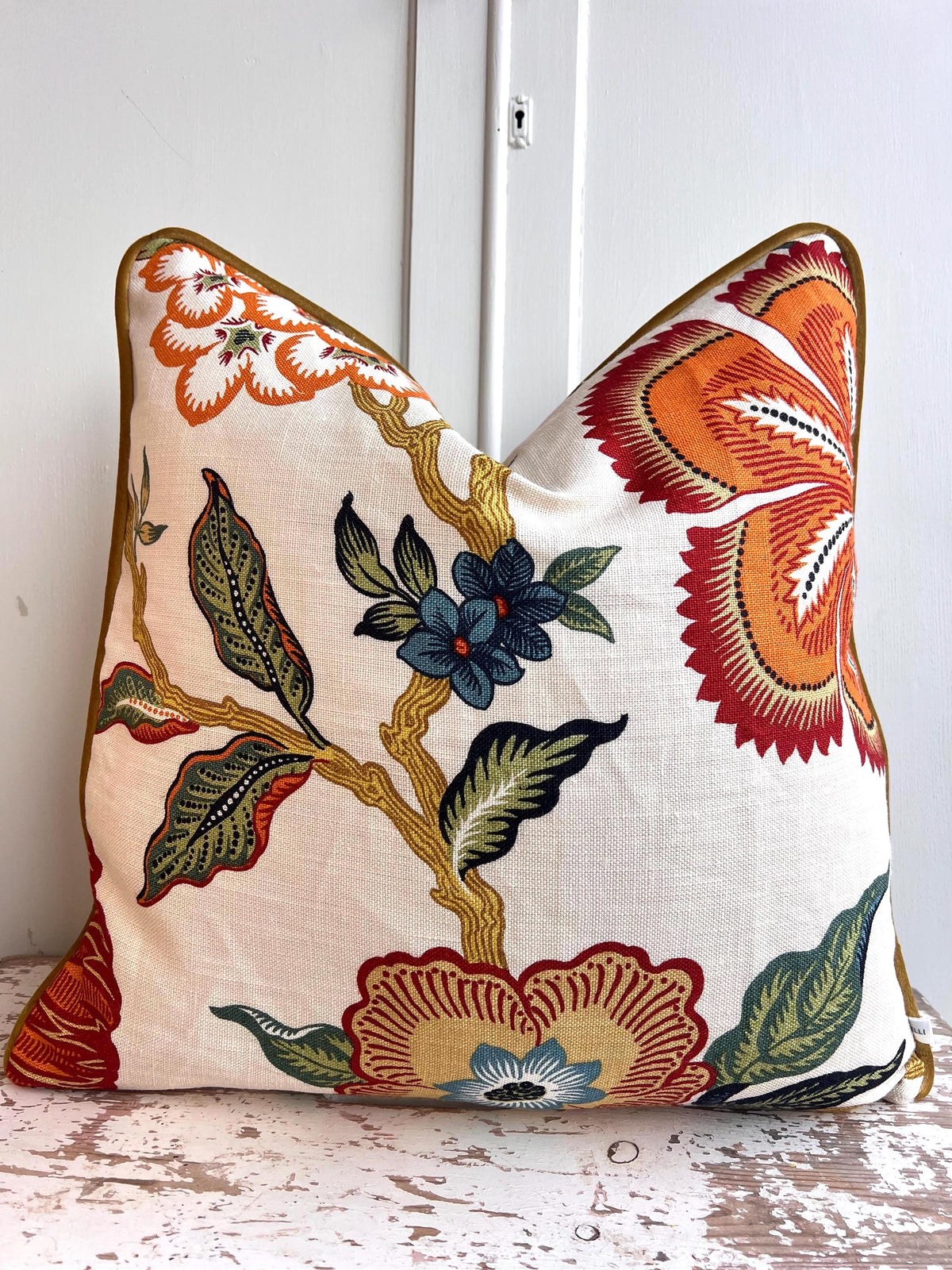 Schumacher Luxury Designer Hothouse Flowers Spark Orange Green Blue Cream Cushion Pillow Cover