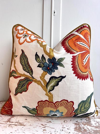 Schumacher Luxury Designer Hothouse Flowers Spark Orange Green Blue Cream Cushion Pillow Cover