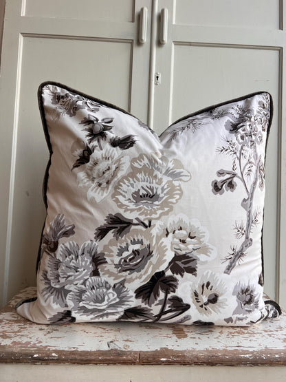 Schumacher Luxury Designer "Pyne Hollyhock" Charcoal Floral White Grey Cushion Pillow Sofa Cover