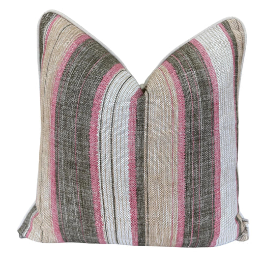 Fermoie Carskiey Broad Stripe Designer Pink Green Linen Cushion Pillow Cover