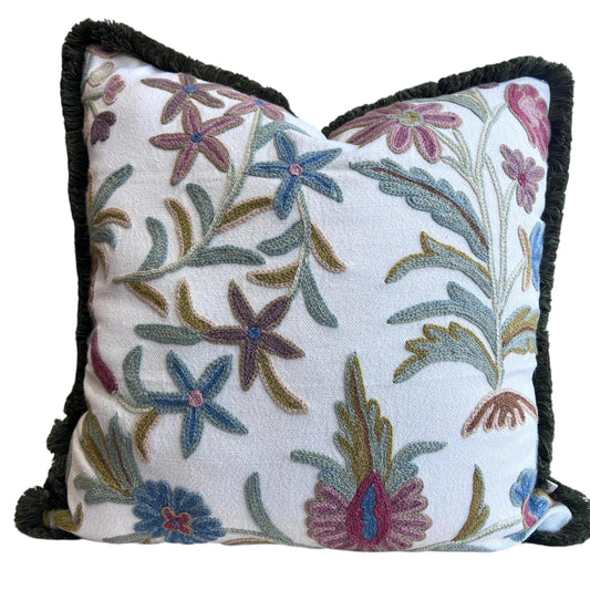 Coromandel Sissinghurst Crewel Heritage Cushion Cover Fringe Natural Handloom
