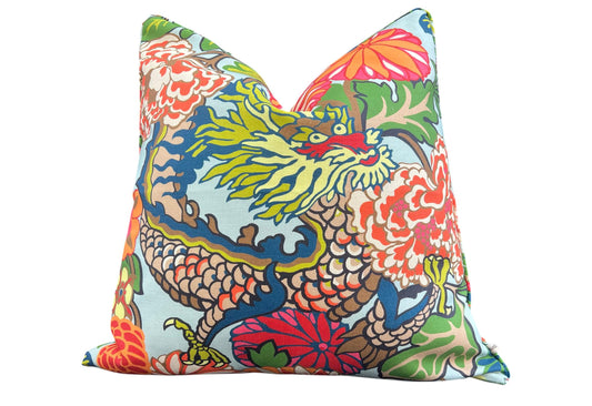 Schumacher Chiang Mai Dragon Indoor/Outdoor Double Sided Aqua Cushion Sofa Throw Pillow Cover