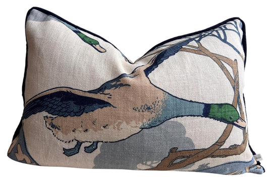 Mulberry Flying Ducks Cream Blue Luxury Cushion Pillow Cover Lumbar Rectangular