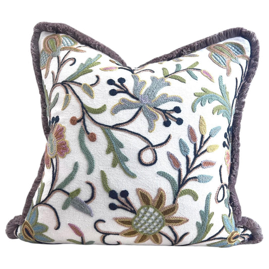 Coromandel Butterfly Crewel Heritage Cushion Cover Fringe Natural Handloom Blue Grey Green Mustard Salmon Bronze Motifs