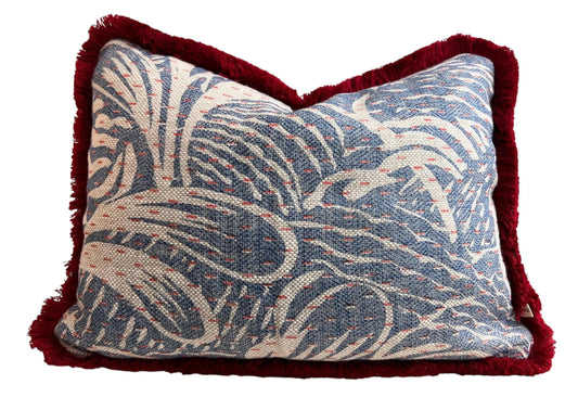 Cushions Made in Fermoie Savernake Fabric Designer Decorative Rich Blue Linen Cushion Pillow Throw Cover With Red Brush Fringe
