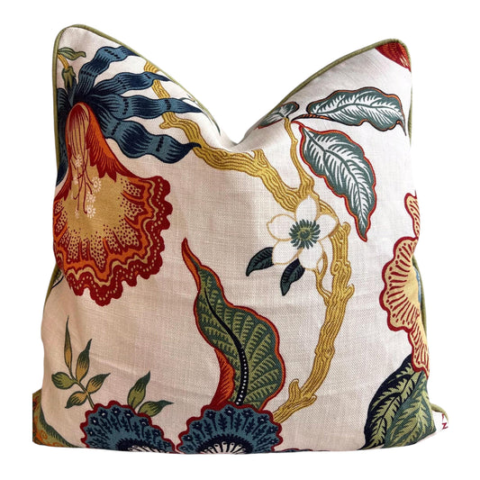 Schumacher Luxury Designer Hothouse Flowers Spark Orange Green Blue Cream Cushion Pillow Cover Green Piping