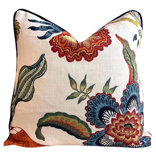 Schumacher Luxury Designer Hothouse Flowers Spark Orange Green Blue Cream Cushion Pillow Cover Navy Piping