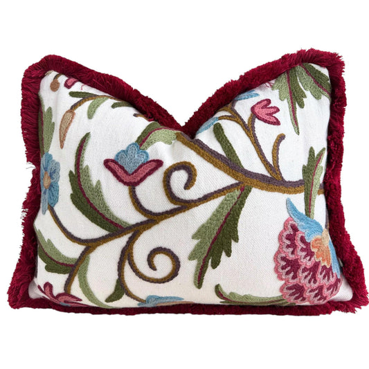 Coromandel Jacobean Crewel Heritage Cushion Cover Fringe Natural Handloom Raspberry Blue Green Brown Orange