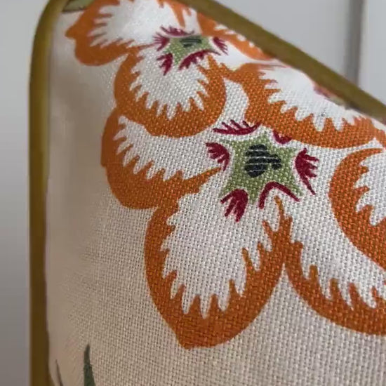 Schumacher Luxury Designer Hothouse Flowers Spark Orange Green Blue Cream Cushion Pillow Cover Mustard Piping