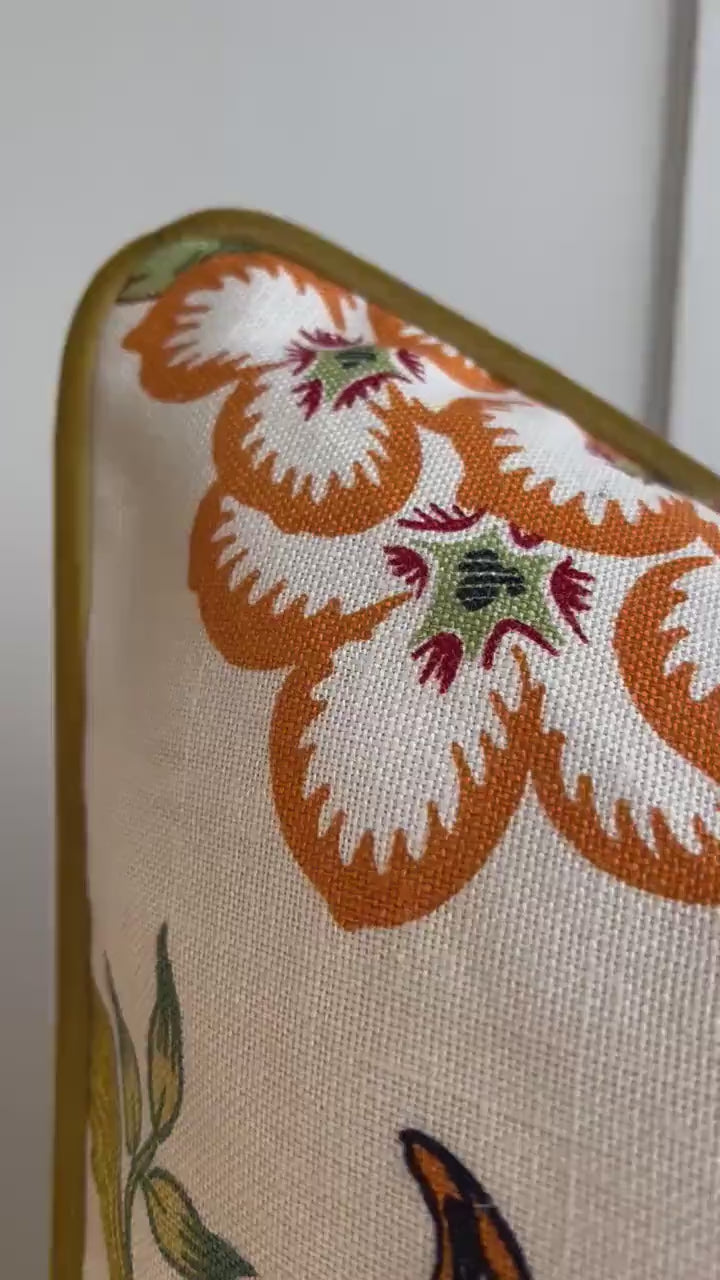 Schumacher Luxury Designer Hothouse Flowers Spark Orange Green Blue Cream Cushion Pillow Cover Mustard Piping