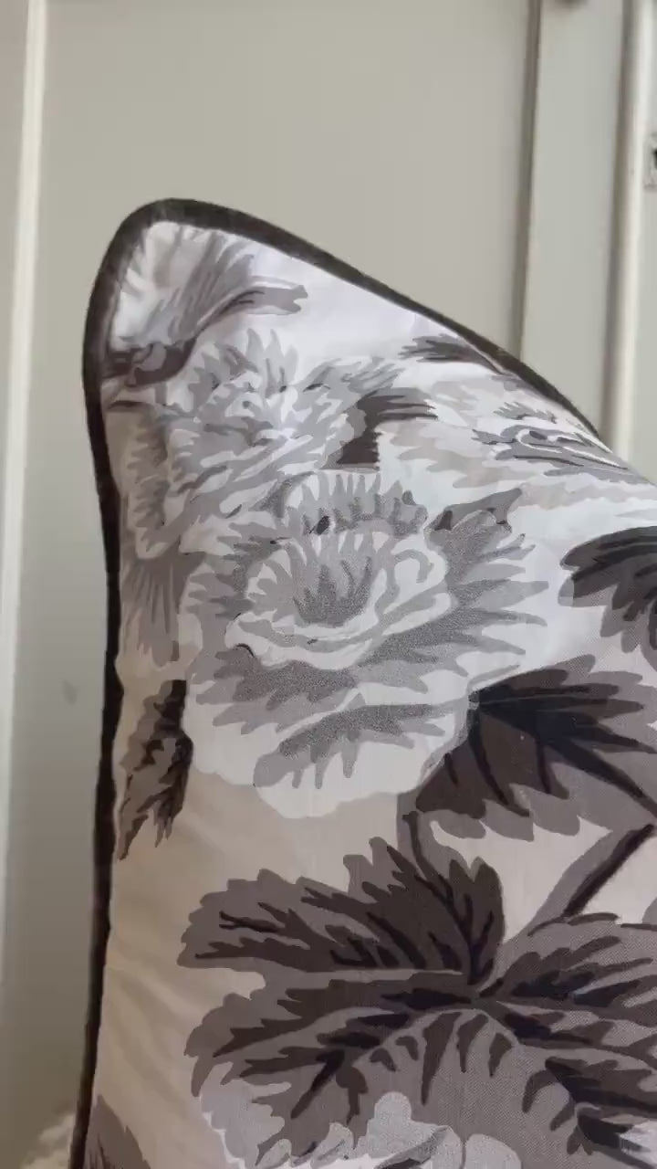 Schumacher Luxury Designer "Pyne Hollyhock" Charcoal Floral White Grey Cushion Pillow Sofa Cover