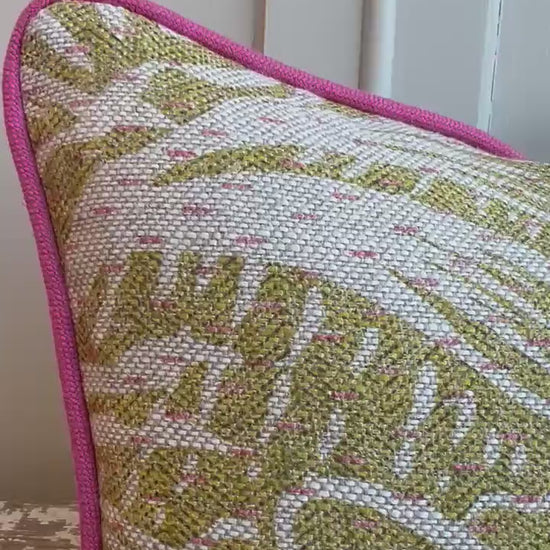 Cushions Made in Fermoie Savernake Linen Cushion Cover: Chartreuse Yellow Green Pillow With Bright Pink Piping