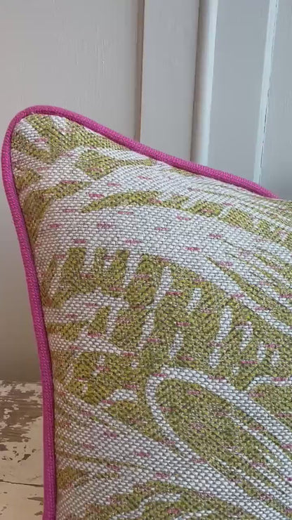 Cushions Made in Fermoie Savernake Linen Cushion Cover: Chartreuse Yellow Green Pillow With Bright Pink Piping