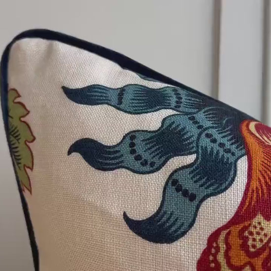 Schumacher Luxury Designer Hothouse Flowers Spark Orange Green Blue Cream Cushion Pillow Cover Navy Piping