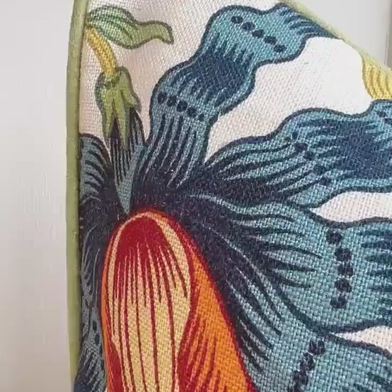 Schumacher Luxury Designer Hothouse Flowers Spark Orange Green Blue Cream Cushion Pillow Cover Green Piping