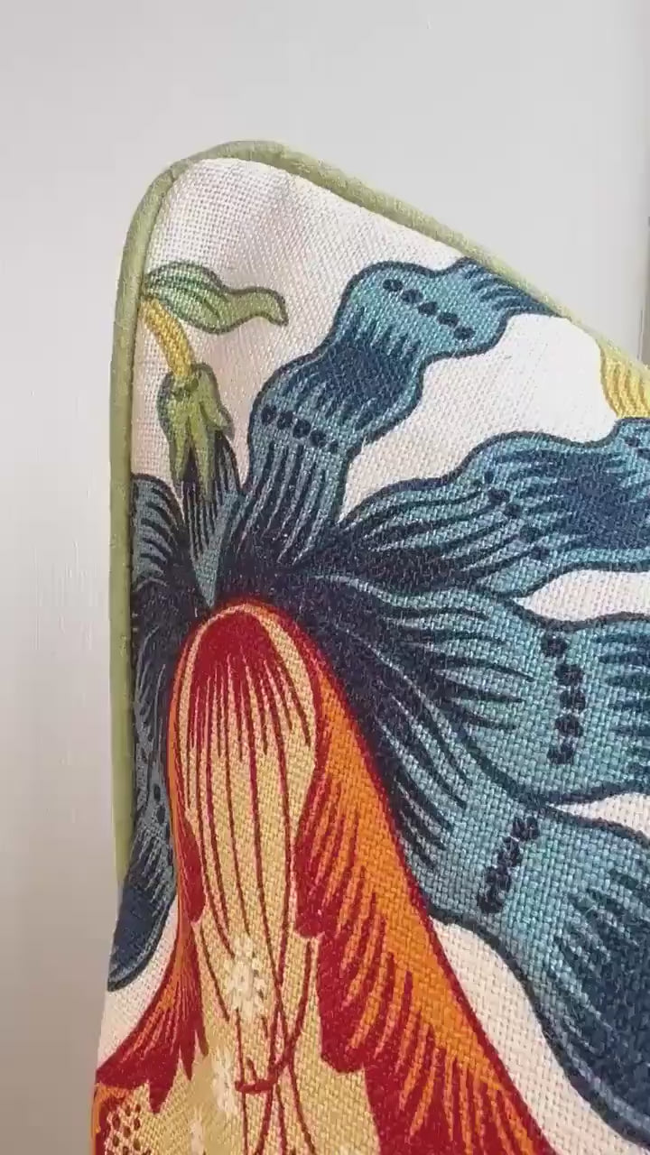 Schumacher Luxury Designer Hothouse Flowers Spark Orange Green Blue Cream Cushion Pillow Cover Green Piping