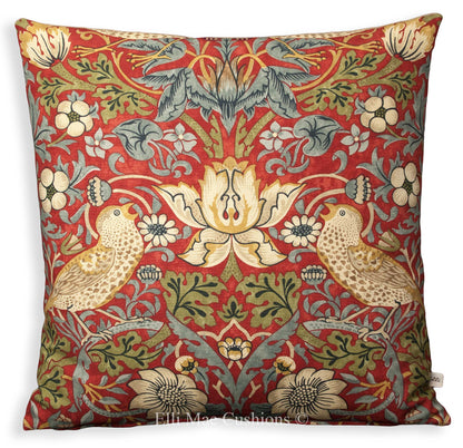 William Morris Strawberry Thief Designer Fabric Crimson Slate Green Sofa Cushion Pillow Cover
