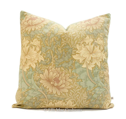 William Morris "Chrysanthemum" Luxury Designer Vintage Retro Green Beige Fabric Decorative Scatter Sofa Cushion Pillow Cover